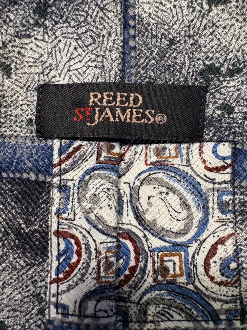Vintage Reed St. James Men's Tie Geometric Swirl Abstract Pattern Blue Gray 4"